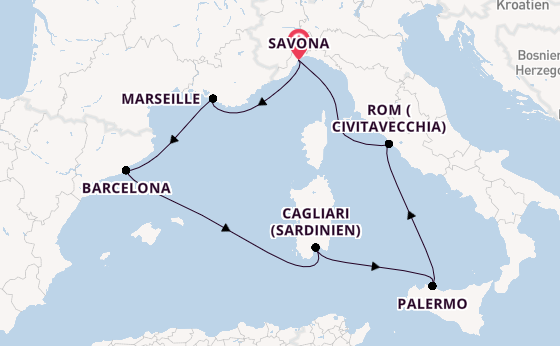 Westliches Mittelmeer ab Savona, Italien auf der Costa Pacifica