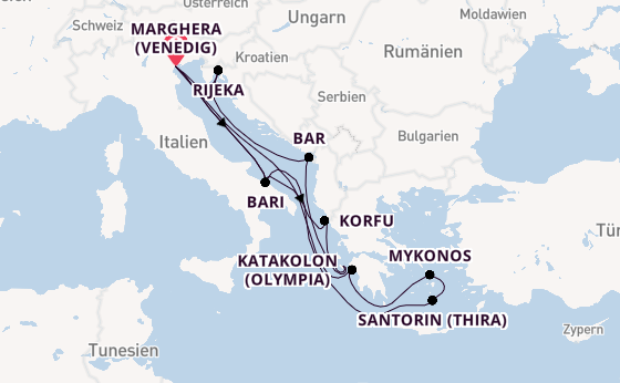 Mittelmeer ab Marghera (Venedig) auf der Costa Deliziosa
