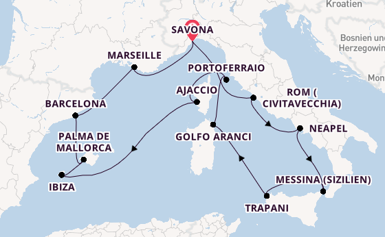 Westliches Mittelmeer ab Savona, Italien auf der Costa Favolosa