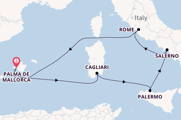 Westelijke Middellandse Zee vanaf Palma de Mallorca, Mallorca, Spanje met de Mein Schiff 7