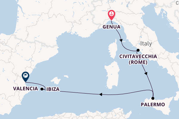 Westelijke Middellandse Zee vanaf Genua, Italië met de MSC Grandiosa