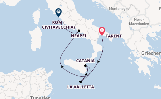 Westliches Mittelmeer ab Tarent, Italien auf der Costa Serena