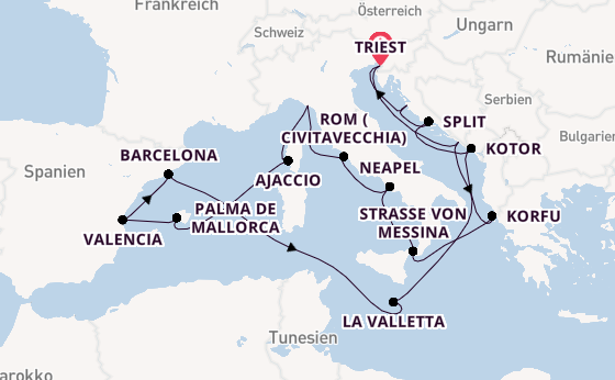 Mittelmeer ab Triest, Italien auf der Queen Elizabeth