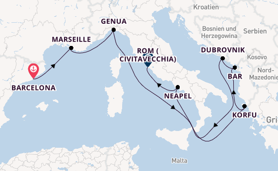 Mittelmeer ab Barcelona, Spanien auf der Carnival Sunshine