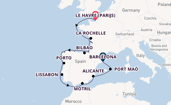 Westelijke Middellandse Zee vanaf Le Havre (Parijs), Frankrijk met de Insignia