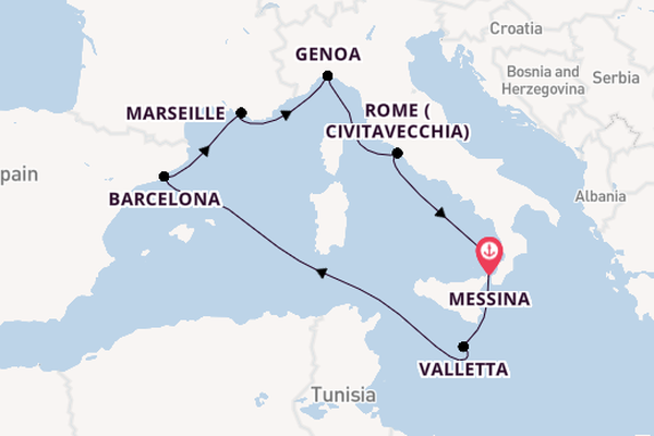 Western Mediterranean from Messina, Sicily, Italy with the MSC World Asia