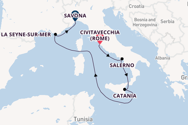 Westelijke Middellandse Zee vanaf Civitavecchia (Rome), Italië met de Costa Fascinosa