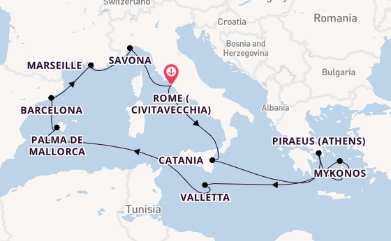 Western Mediterranean from Rome (Civitavecchia), Italy with the Costa Serena