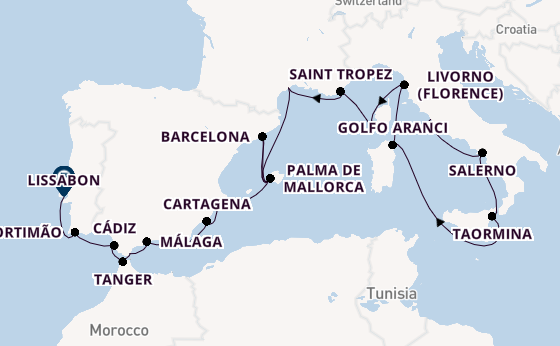 Westelijke Middellandse Zee vanaf Civitavecchia (Rome), Italië met de Nautica