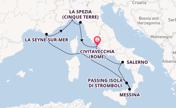 Westelijke Middellandse Zee vanaf Civitavecchia (Rome), Italië met de Costa Fascinosa