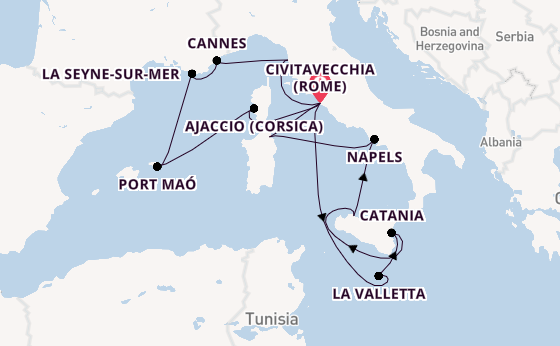 Westelijke Middellandse Zee vanaf Civitavecchia (Rome), Italië met AIDAstella