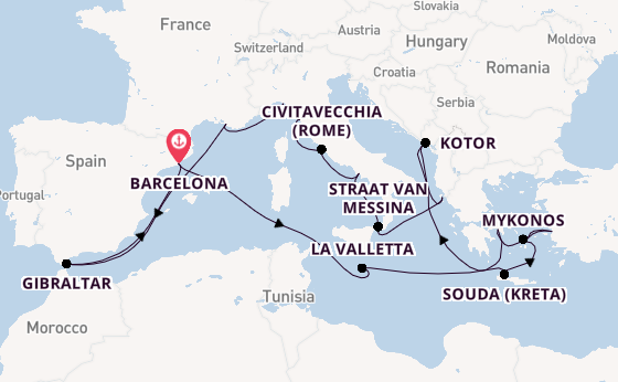 Middellandse Zee vanaf Barcelona, Spanje met de Oosterdam