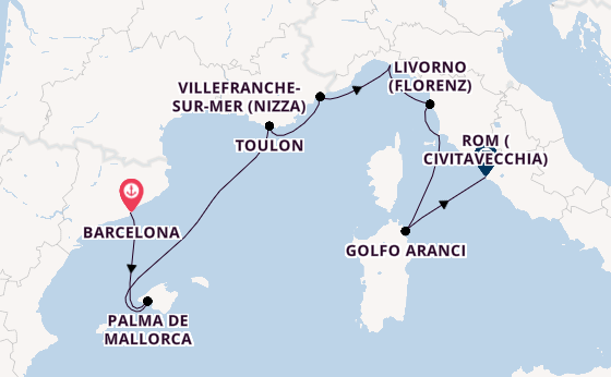 Westliches Mittelmeer ab Barcelona, Spanien auf der Seven Seas Prestige
