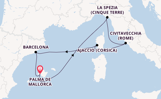 Westelijke Middellandse Zee vanaf Palma de Mallorca, Mallorca, Spanje met AIDAmar
