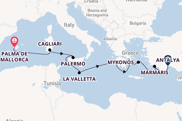 Middellandse Zee vanaf Palma de Mallorca, Mallorca, Spanje met AIDAstella