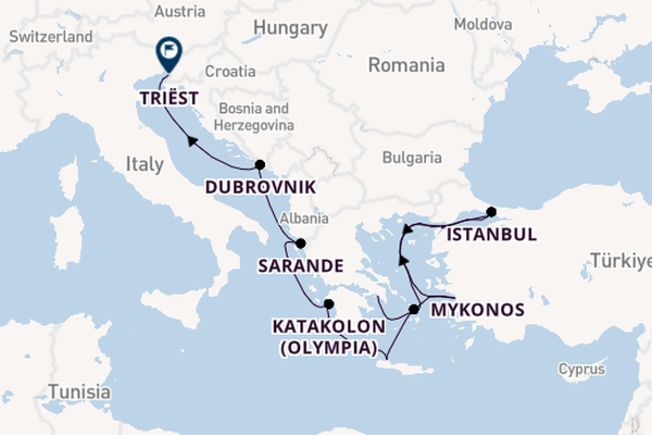 Oostelijke Middellandse Zee vanaf Athene (Piraeus), Griekenland met de Nieuw Amsterdam