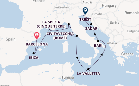 Westelijke Middellandse Zee vanaf Barcelona, Spanje met de Queen Elizabeth