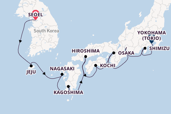 Japan vanaf Seoel, Zuid-Korea met de Norwegian Jade