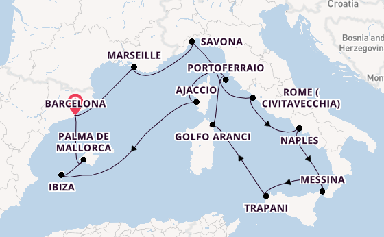 Western Mediterranean from Barcelona, Spain with the Costa Favolosa