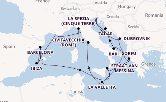 Westelijke Middellandse Zee vanaf Triëst, Italië met de Queen Elizabeth