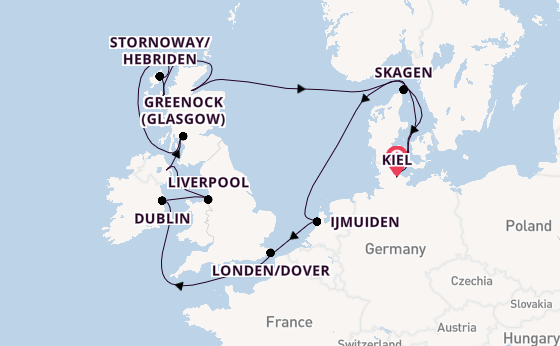 Britse Eilanden vanaf Kiel, Duitsland met AIDAbella