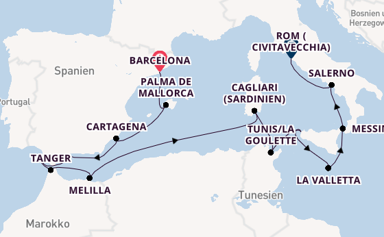 Mittelmeer ab Barcelona, Spanien auf der Allura 