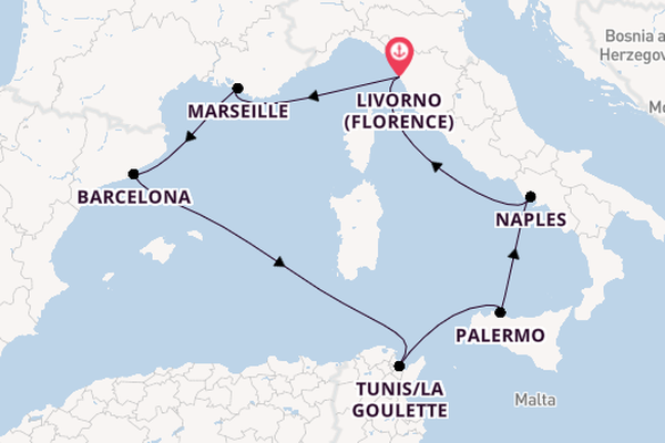 Western Mediterranean from Livorno (Florence), Italy with the MSC Meraviglia