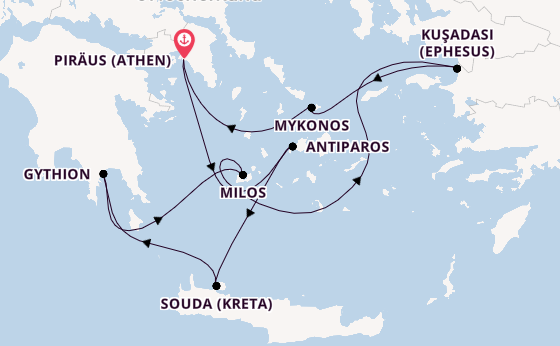 Östliches Mittelmeer ab Piräus (Athen), Griechenland auf der Silver Nova