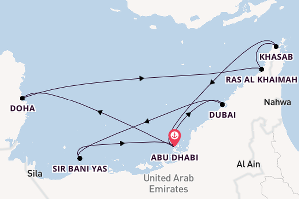 Perzische Golf vanaf Abu Dhabi, Verenigde Arabische Emiraten met de Celestyal Discovery