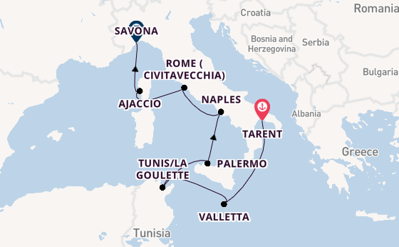 Western Mediterranean from Tarent, Italy with the Costa Fascinosa