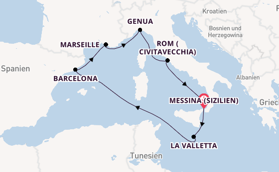 Westliches Mittelmeer ab Messina (Sizilien), Italien auf der MSC World Asia
