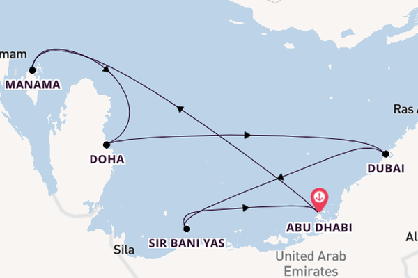 Perzische Golf vanaf Abu Dhabi, Verenigde Arabische Emiraten met de MSC World Europa