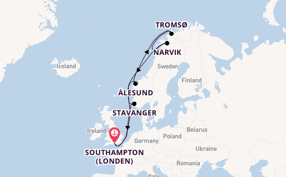 Noorwegen vanaf Southampton (Londen), Engeland met de Queen Anne