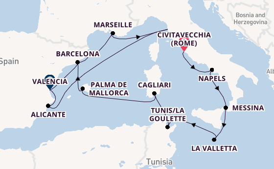 Westelijke Middellandse Zee vanaf Civitavecchia (Rome), Italië met de Seven Seas Voyager
