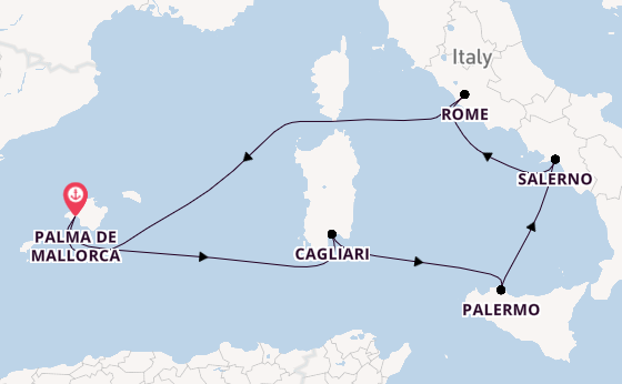 Westelijke Middellandse Zee vanaf Palma de Mallorca, Mallorca, Spanje met de Mein Schiff 3