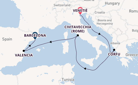 Westelijke Middellandse Zee vanaf Venetië, Italië met de MSC Lirica