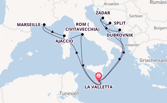 Mittelmeer ab La Valletta, Malta auf der Azura