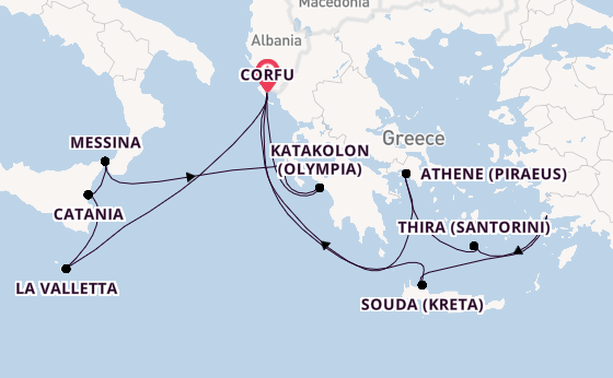 Oostelijke Middellandse Zee vanaf Corfu, Griekenland met AIDAblu
