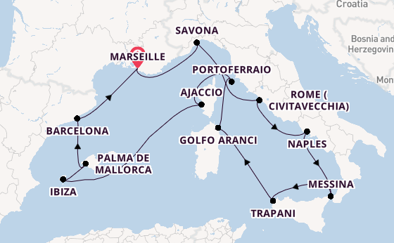 Western Mediterranean from Marseille, France with the Costa Favolosa