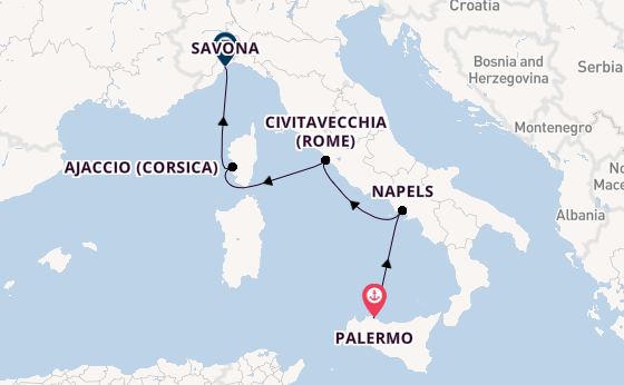 Westelijke Middellandse Zee vanaf Palermo, Sicilië met de Costa Fascinosa