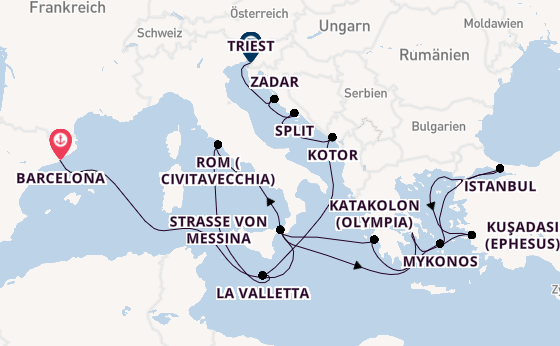 Mittelmeer ab Barcelona, Spanien auf der Queen Elizabeth