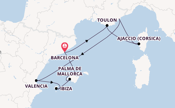 Westelijke Middellandse Zee vanaf Barcelona, Spanje met de Silver Ray