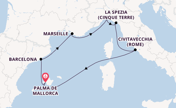 Westelijke Middellandse Zee vanaf Palma de Mallorca, Mallorca, Spanje met de MSC Grandiosa