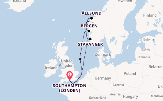 Noorwegen vanaf Southampton (Londen), Engeland met de Queen Anne