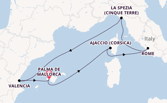Westelijke Middellandse Zee vanaf Palma de Mallorca, Mallorca, Spanje met de Mein Schiff 3