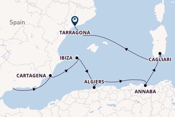 Westelijke Middellandse Zee vanaf Málaga, Spanje met de L'Austral