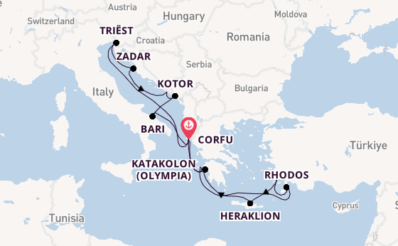 Oostelijke Middellandse Zee vanaf Corfu, Griekenland met AIDAblu
