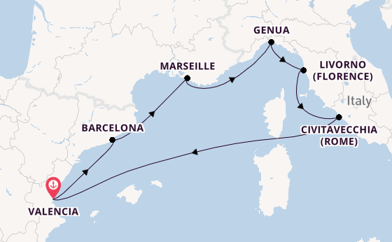 Westelijke Middellandse Zee vanaf Valencia, Spanje met de MSC Lirica