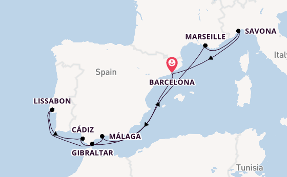 Westelijke Middellandse Zee vanaf Barcelona, Spanje met de Costa Fascinosa