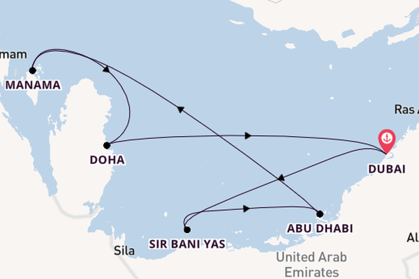 Perzische Golf vanaf Dubai, Verenigde Arabische Emiraten met de MSC World Europa
